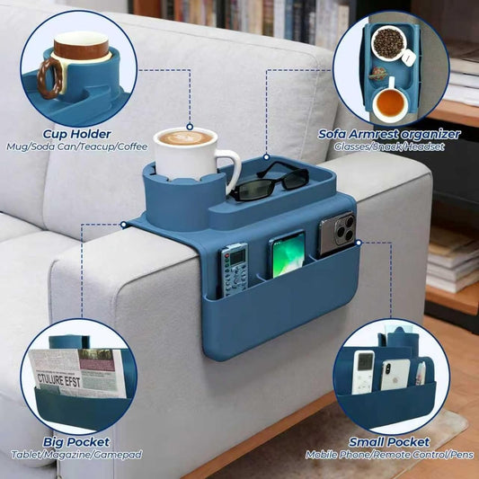 Silicone Couch Caddy Cup Holder Tray, 3-Side Sofa Armrest Organizer with Secure Gear-Shaped Locking Holder & Large Tablet Slot, Non-Slip Weighted Armchair Caddy, Couch Accessories (Grey)