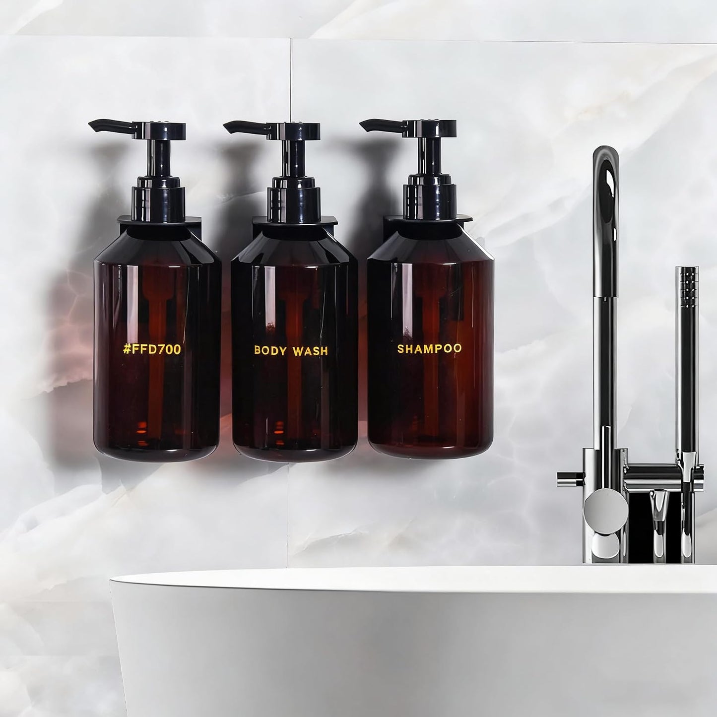 Wall Mounted Shampoo Dispenser for Shower, 3 Chamber 16.9 fl oz Each, 4CC Pump Soap Dispenser for Bathroom, Glossy Black Shampoo and Conditioner Dispenser with Crystal Labels (Brown)
