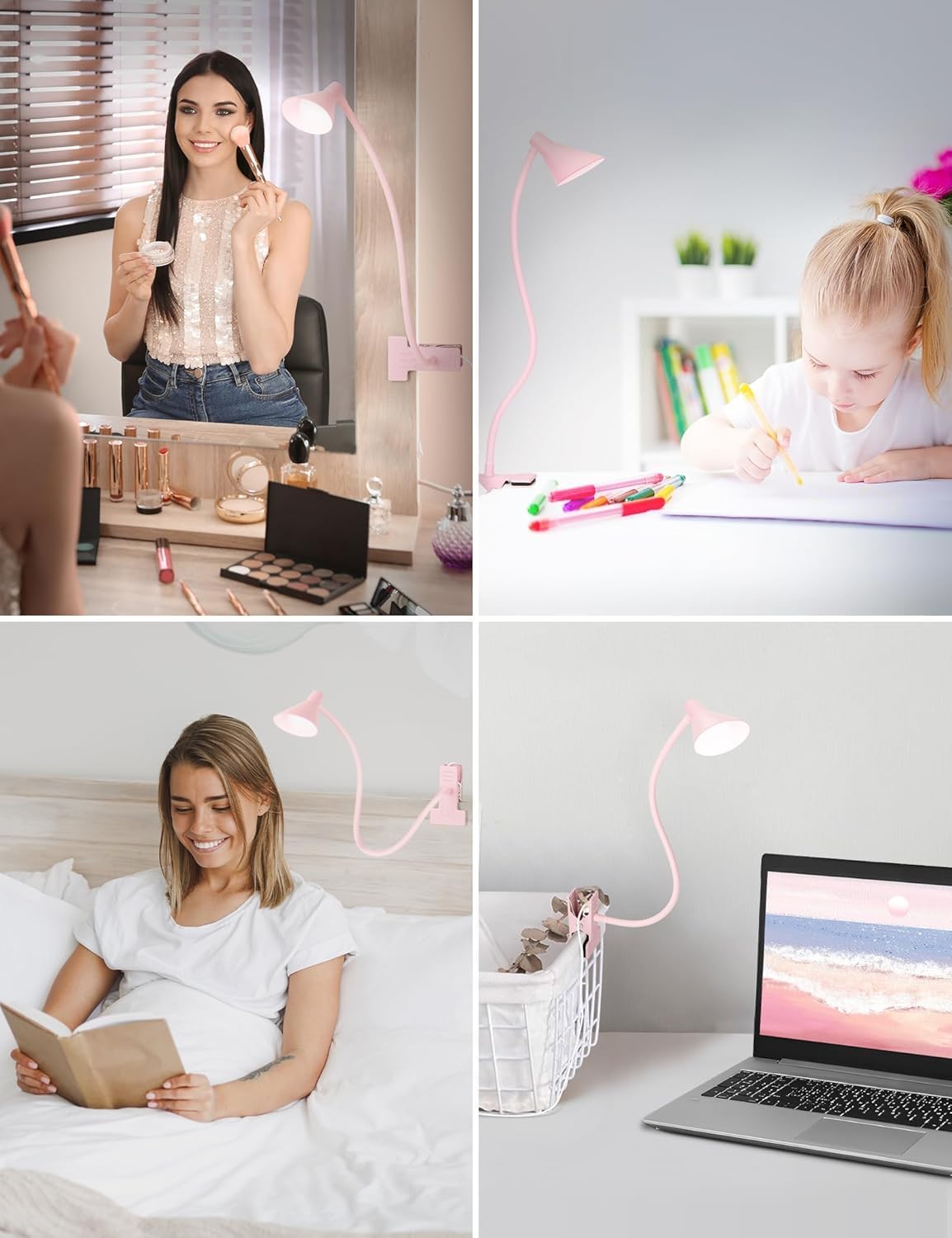 Clip on Light, Eye Care Reading Lights for Books in Bed Clip on Lamp Pink