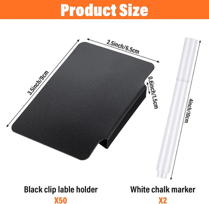 52PCS Basket Labels Clip On Set, 50 Removable PVC Bin Label Holders with 2 Chalk Markers for Pantry Storage Bins Organization (Black)
