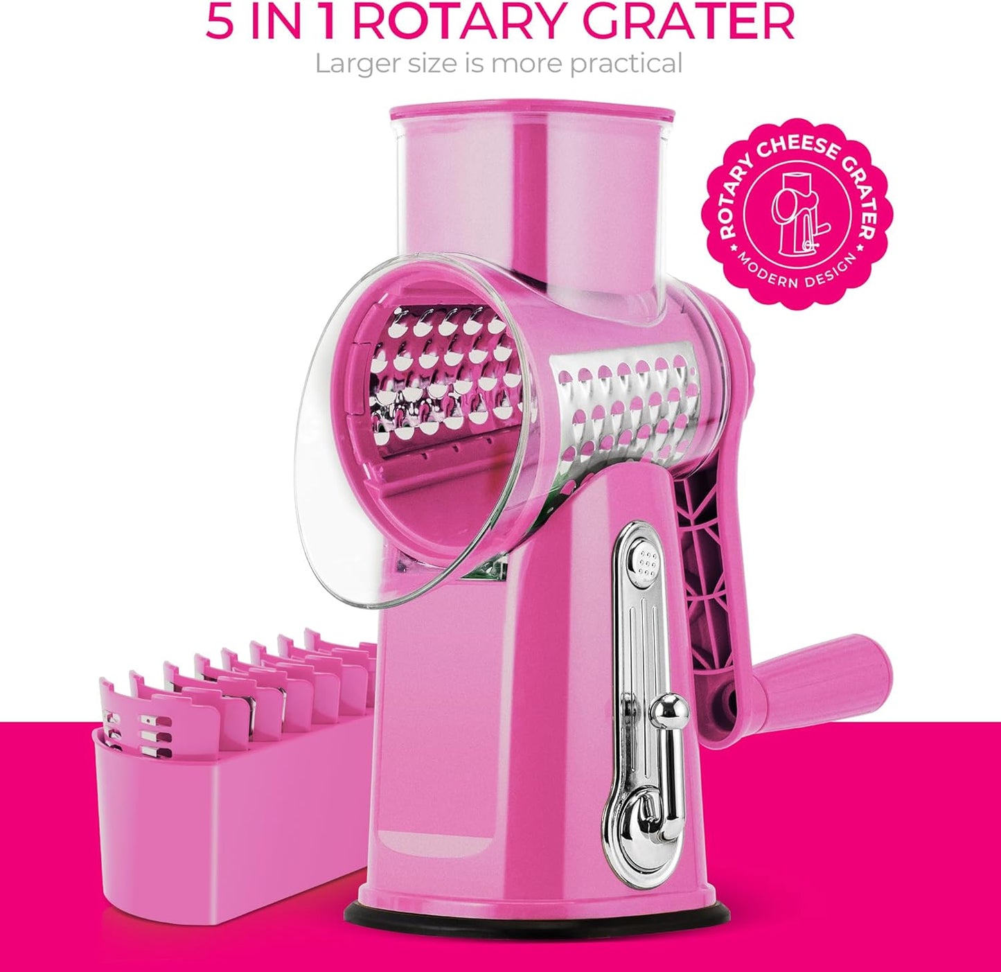 SUSTEAS Rotary Cheese Grater 5 Blades,Kitchen Mandoline Vegetable Slicer | White, Easy to Clean, Strong Suction Base, 5 Blades Storage Box, Round Mandoline Slicer & Food Chopper for Salad