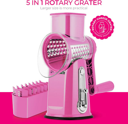 SUSTEAS Rotary Cheese Grater 5 Blades,Kitchen Mandoline Vegetable Slicer | White, Easy to Clean, Strong Suction Base, 5 Blades Storage Box, Round Mandoline Slicer & Food Chopper for Salad