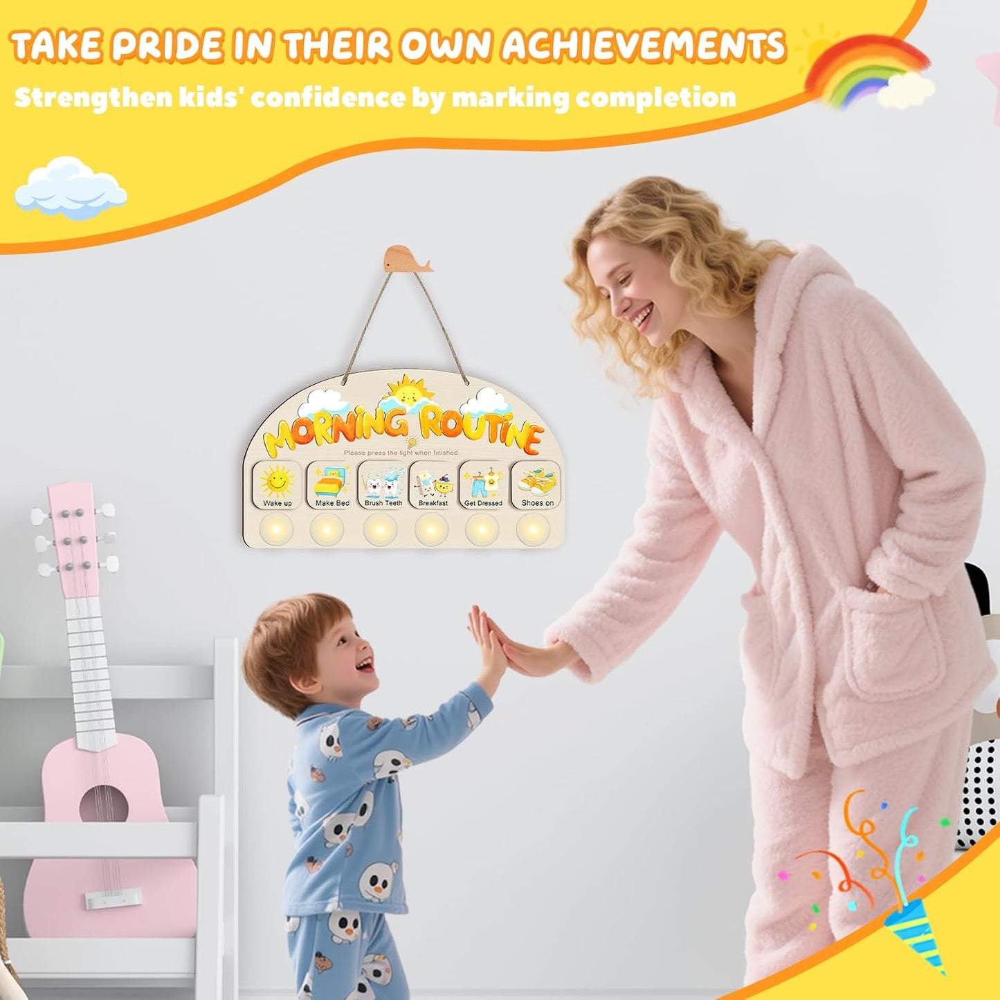 Morning Routine Chart for Toddlers, Visual Schedule Chart Planner | to Do List with 6 Tap Lights & 10 Activity Cards, Wooden Checklist Schedule Board for Kids, Autism, Preschoolers, ADHD Tools