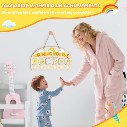 Morning Routine Chart for Toddlers, Visual Schedule Chart Planner | to Do List with 6 Tap Lights & 10 Activity Cards, Wooden Checklist Schedule Board for Kids, Autism, Preschoolers, ADHD Tools