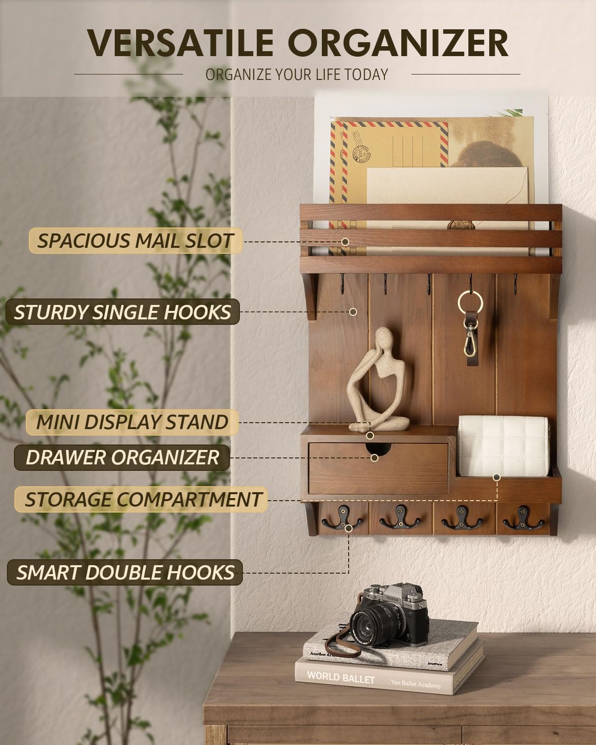 Rebee Vision Key Holder Wall Mount with Drawer Organizer for Entryway,Brown | Pine Wood, 6 Key Hooks, Display Shelf for Plants, Mail Slot for Storage Letter, Multi-Funtional Design, Home Storage