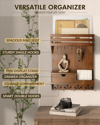 Rebee Vision Key Holder Wall Mount with Drawer Organizer for Entryway,Brown | Pine Wood, 6 Key Hooks, Display Shelf for Plants, Mail Slot for Storage Letter, Multi-Funtional Design, Home Storage