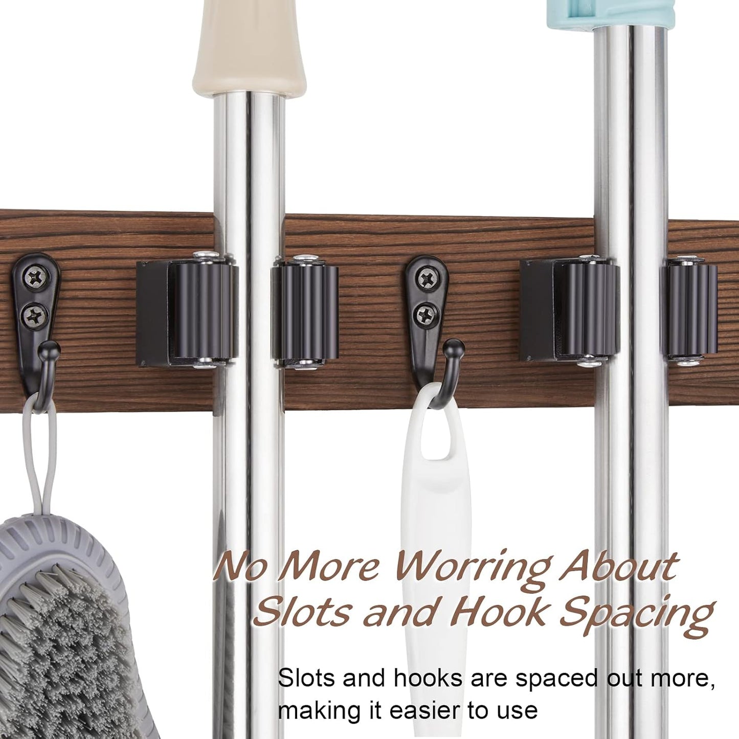 OUTNILI Mop and Broom Holder Wall Mount - Wood Broom Mop Hanger - Wall Mounted Garden Tool Rack Organizer for Closet Garage Laundry Room, Rustic Kitchen Decor With 4 Slots & 4 Hooks