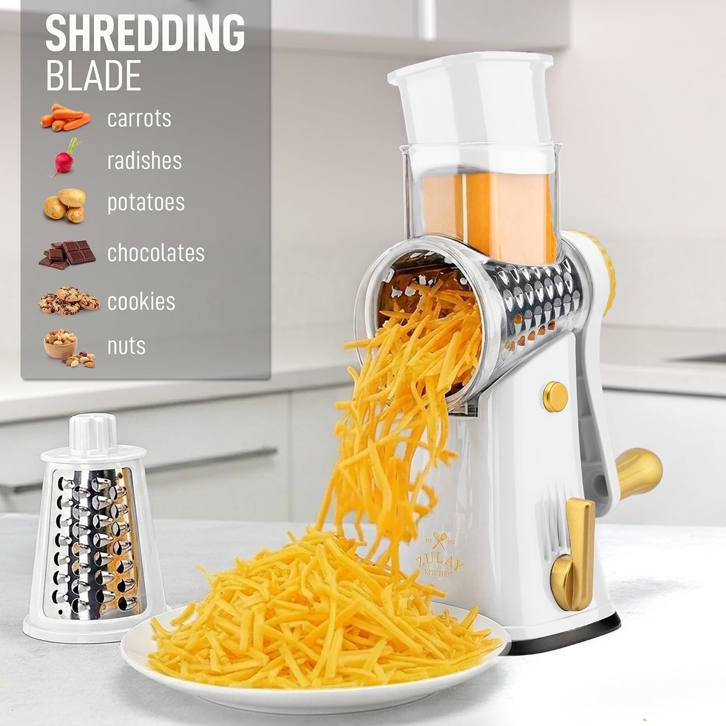 Zulay Kitchen Rotary Cheese Grater 5 Blade Cheese Shredder - Manual Hand Crank Cheese Grater With Reinforced Suction & 5 Interchangeable Drums - Easy to Use, Vegetable Chopper Round Mandoline Slicer - Colors B