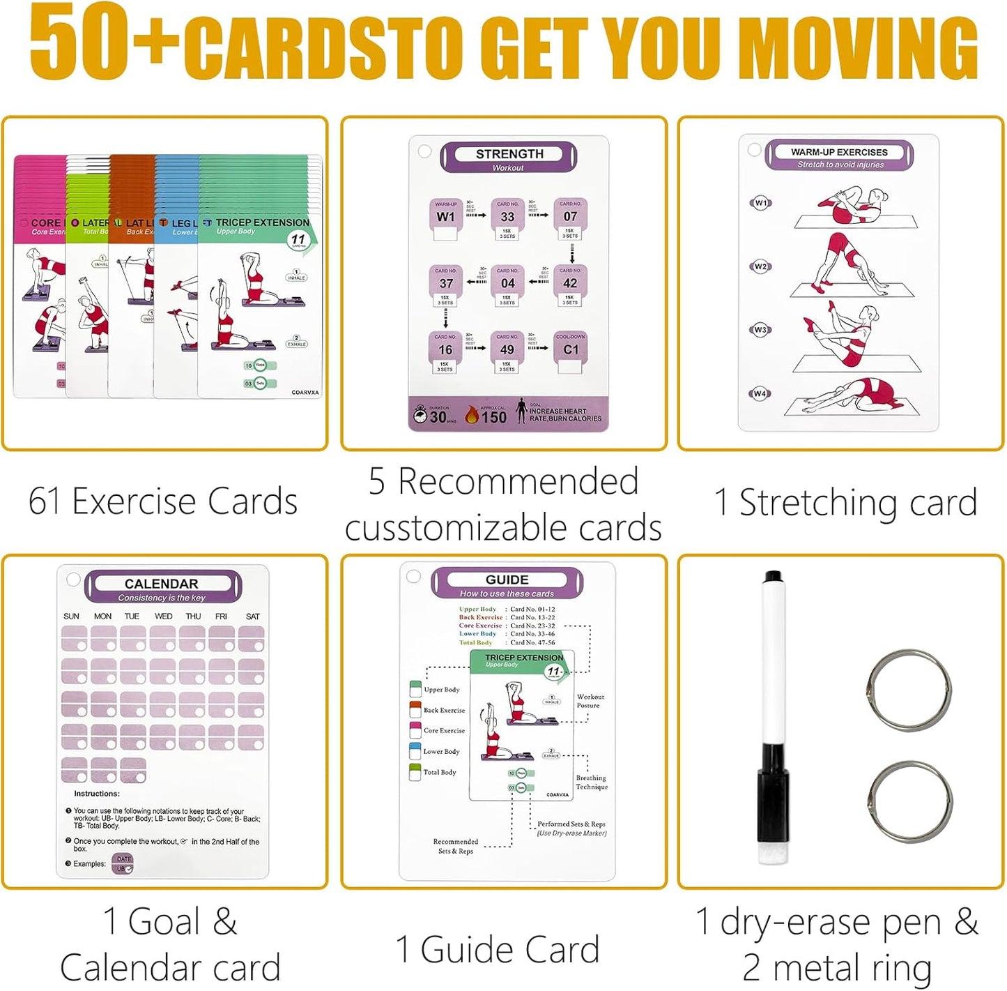 Bodyweight Workout Cards for Women & Men-50 Bodyweight Workout Cards，Includes 2 Rings& Dry-Erase for Easy Organization-Home, Gym or Studio (Bodyweight)