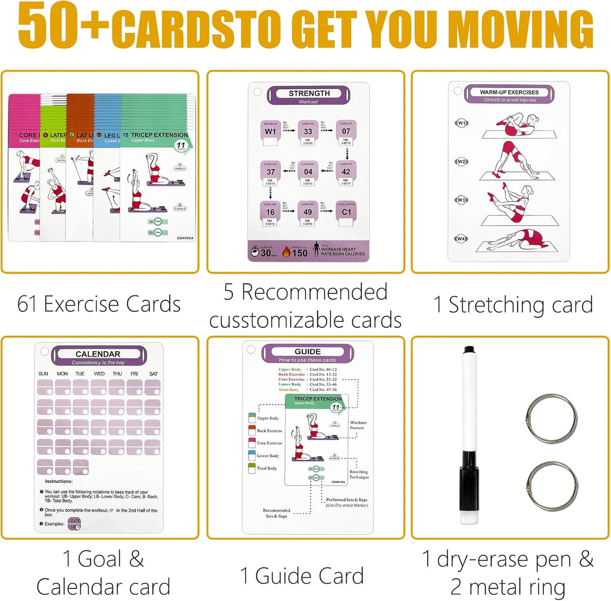 Bodyweight Workout Cards for Women & Men-50 Bodyweight Workout Cards，Includes 2 Rings& Dry-Erase for Easy Organization-Home, Gym or Studio (Bodyweight)