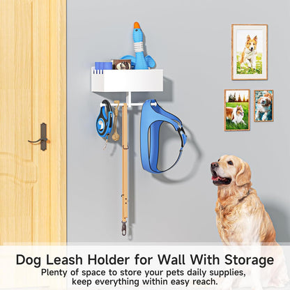 Dog Leash Holder for Wall, Dog Leash Hooks, Pet Stuff Organizer with Shelf Storage, Metal Key Holder, Leash Hangers Organizer Rack for Pet Collar, Toys, Treats, Poop Bag (Black)