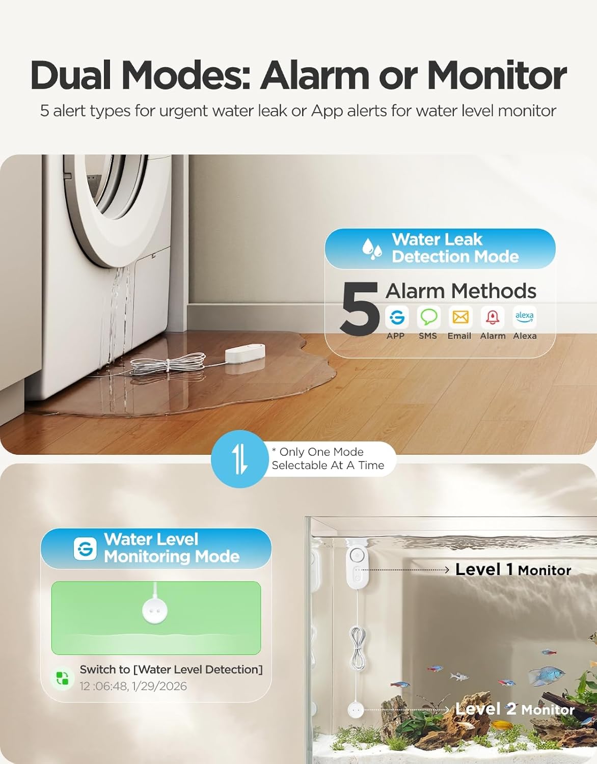 GoveeLife Upgraded Smart Water Leak Detector 1s with 4.92 ft Cable, 3 Pack | WiFi Water Sensor with SMS/Email/APP Push and Sound Alarm, 5Yr Battery Life, IP66, Suit for Home, Basement, Kitchen, Cabin/RV