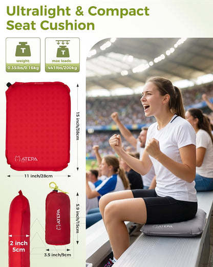 ATEPA Inflatable Seat Cushion | 2" & 2.5" foam core seat pad, Self inflating, Compact, Stadium, Airplane, Travel, Camping, Hiking, Sports events
