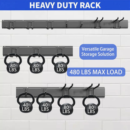 Garage Tool Organizer Wall Mount, 48 Inch Heavy Duty Garden Tool Organizer Storage System, Easy Install with 6 Adjustable Straight Hooks, for Garage, Basement, Shed, Workshop, Black, Steel