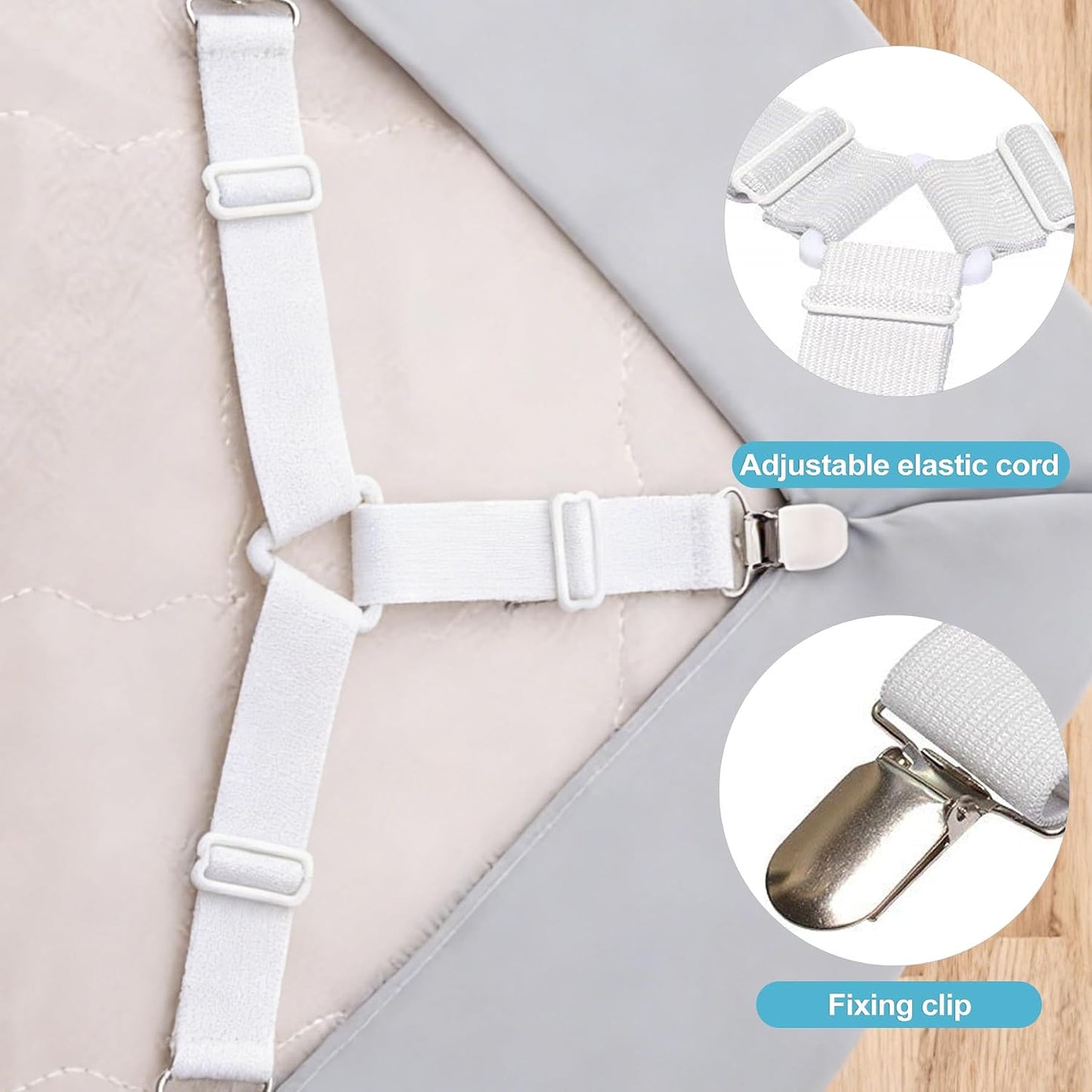 CoguZed 4 Pack Adjustable Bed Sheet Clips, Heavy Duty Triangle Sheet Suspenders and Mattress Straps, Corner Holder Fasteners for All Bed Sizes Including Queen and King, White