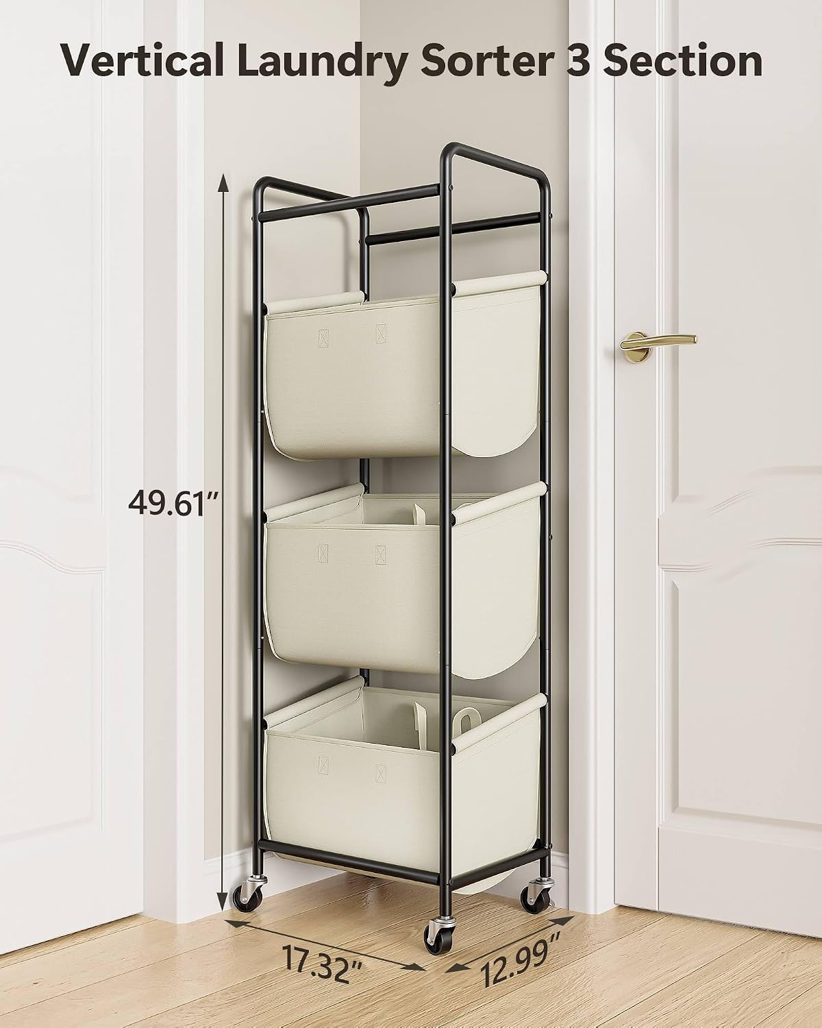 3 Section Laundry Sorter with Removable Bags, 120L Rolling Vertical Laundry Hamper, Stackable Laundry Baskets organizer for Bathroom, Apartment, Dorm (Beige, With Wheel)