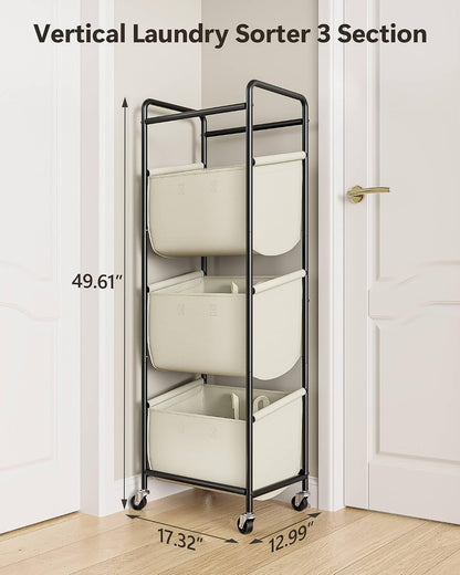 3 Section Laundry Sorter with Removable Bags, 120L Rolling Vertical Laundry Hamper, Stackable Laundry Baskets organizer for Bathroom, Apartment, Dorm (Beige, With Wheel)