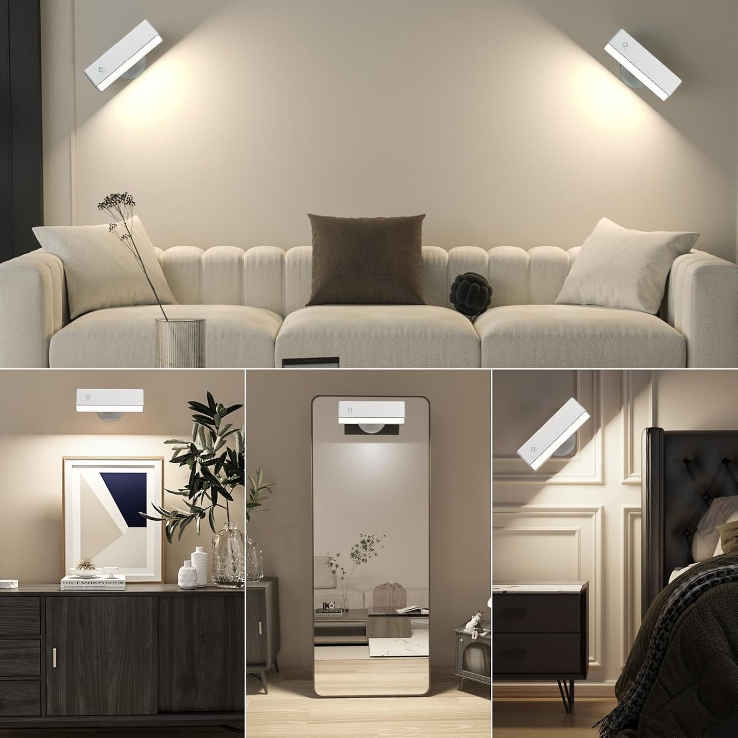 Wireless Wall Sconces 2 Pack, Rechargeable Reading Light for Bed Dimmable | Battery Operated Wireless Wall Light for Bedroom Adjustable Brightness Magnetic 360° Rotation Indoor Black or White