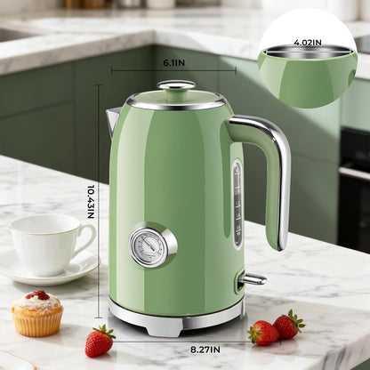 SUSTEAS 57oz Electric Kettle with Thermometer, Hot Water Pot, Retro Green | Electric Tea Kettle for Boiling Water, 1500W Stainless Steel Pot, Cordless LED Indicator, Auto Shut-Off & Boil Dry Protection