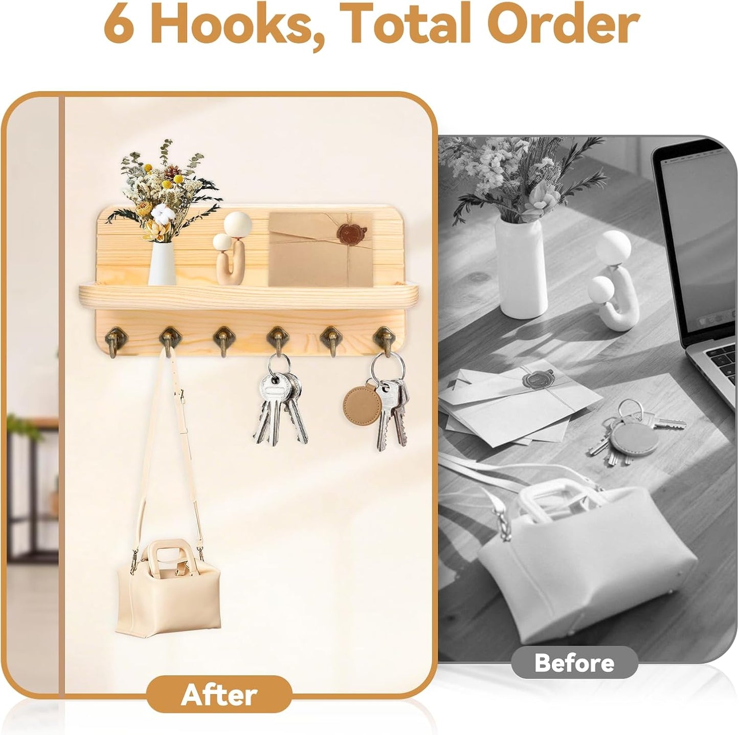 Key Holder for Wall, Mail Organizer Wall Mount with 6 Hooks Wooden Hanging Key Rack for Home Decor, Hallway, Entryway (Yellow)