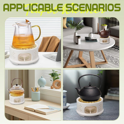 Teapot Warmer Ceramic Heater with Spoon Lid and Candle Holder Coffee Heating Device Glass Teapot Warming Stand for Milk (White)