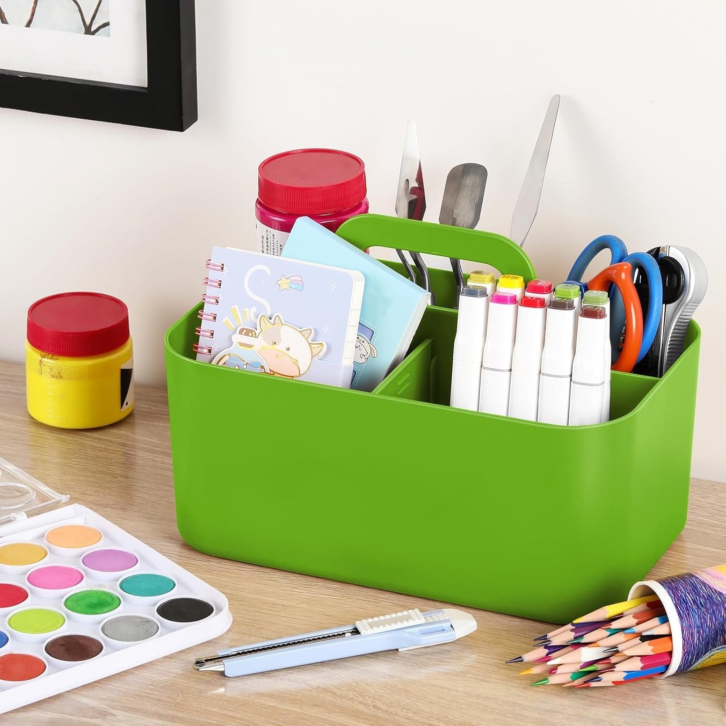 Multiuse Caddy Organizer with Handle, Portable Divided Plastic Tote Bin - Art Craft, Stationary Pen Marker Crayons, Makeup Hair Supplies Storage - Bathroom, Classroom, Dorm, Office, Desk Holder - Grey