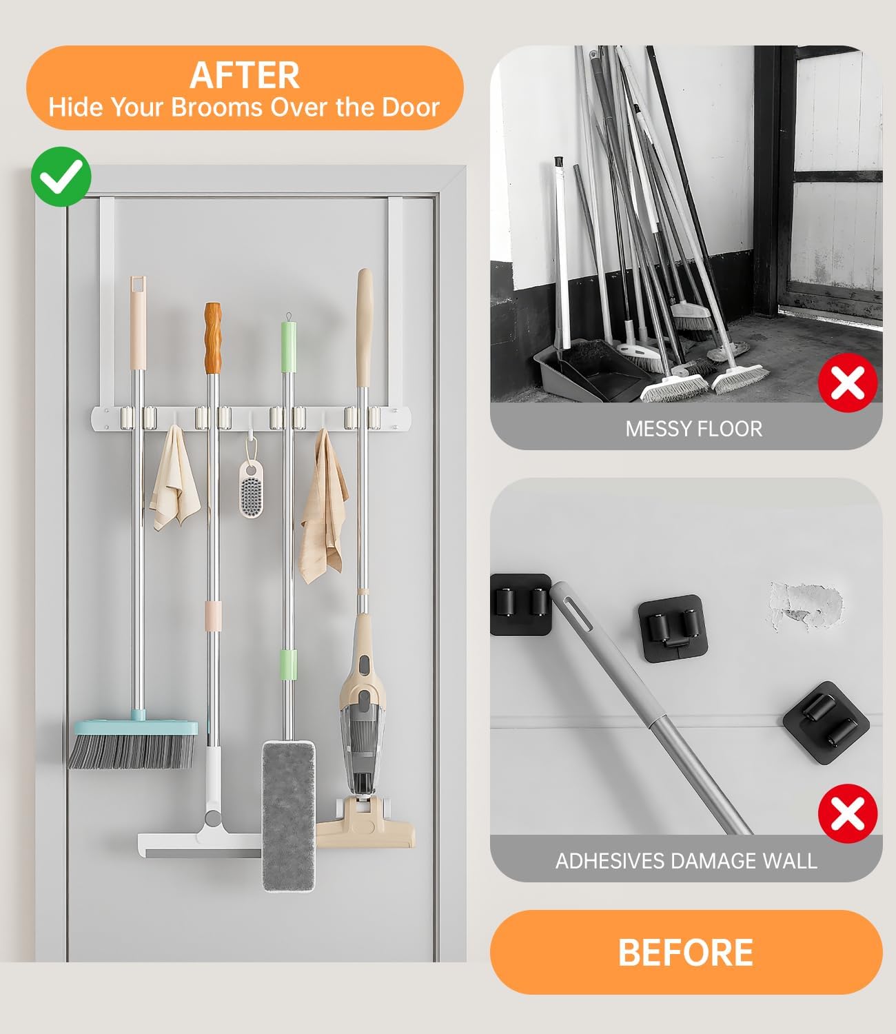 Broom Holder Over The Door with Hooks -304 Stainless Steel (Black) | Save Space, Anti-Rust & Sturdy, Mop and Broom Holder Wall Mounted or Hanging Over The Door, for Garage Laundry Kitchen