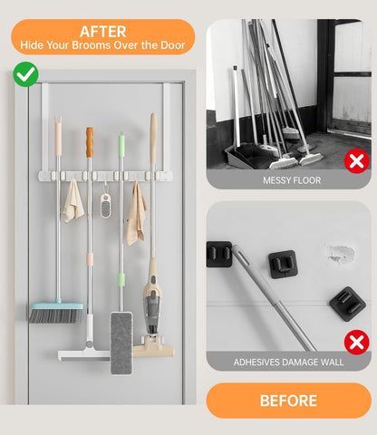 Broom Holder Over The Door with Hooks -304 Stainless Steel (Black) | Save Space, Anti-Rust & Sturdy, Mop and Broom Holder Wall Mounted or Hanging Over The Door, for Garage Laundry Kitchen