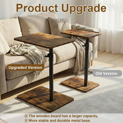 YUHFERA Sofa Armrest Tray Table for Couch - 360° Swivel Height Adjustable End for Small Spaces, Snack Side Table for Bed or Chair with Phone & Tablet Slot (Rustic,Standard)