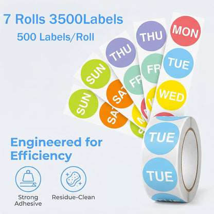 Day of the Week Sticker Labels, 1" Round, 7 Rolls, 500 per Roll | Color-Coded Dot, Removable Self Adhesive, For Food Containers