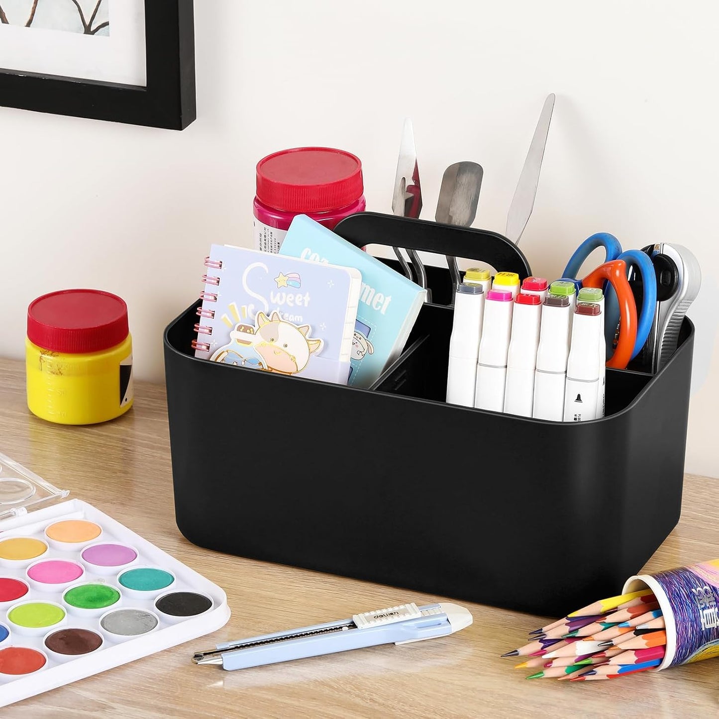 Multiuse Caddy Organizer with Handle, Portable Divided Plastic Tote Bin - Art Craft, Stationary Pen Marker Crayons, Makeup Hair Supplies Storage - Bathroom, Classroom, Dorm, Office, Desk Holder - Grey