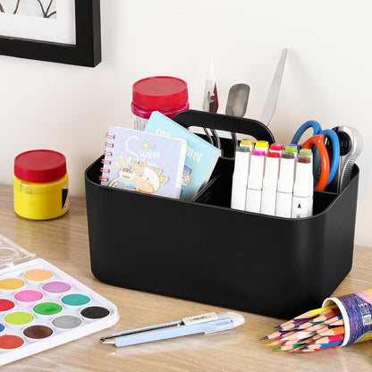 Multiuse Caddy Organizer with Handle, Portable Divided Plastic Tote Bin - Art Craft, Stationary Pen Marker Crayons, Makeup Hair Supplies Storage - Bathroom, Classroom, Dorm, Office, Desk Holder - Grey
