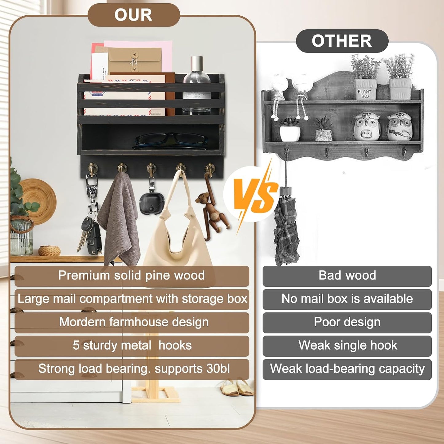 Key Holder Wall Mount with Mail Organizer, 5 Key Hooks, Brown | Wood Mail Organizer Wall Mounted with 5 Key Hooks & Storage Box and Mail Organizer for Entryway, Apartment, Home and Office