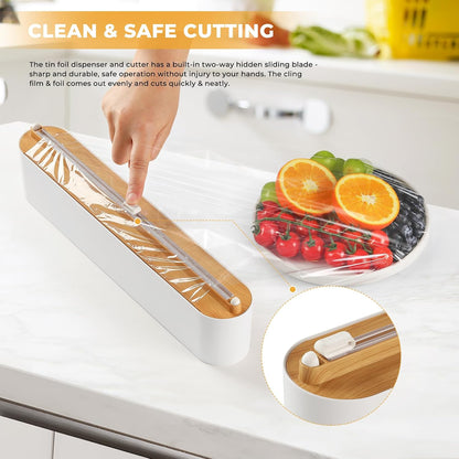 Aluminum Foil & Plastic Wrap Dispenser with Slide Cutter - Magnetic & No-Drill Wall Mount, Cling Film Dispenser for Worktops & Cabinets, Space-Saving Kitchen Organizer - Fits 12" Rolls, White