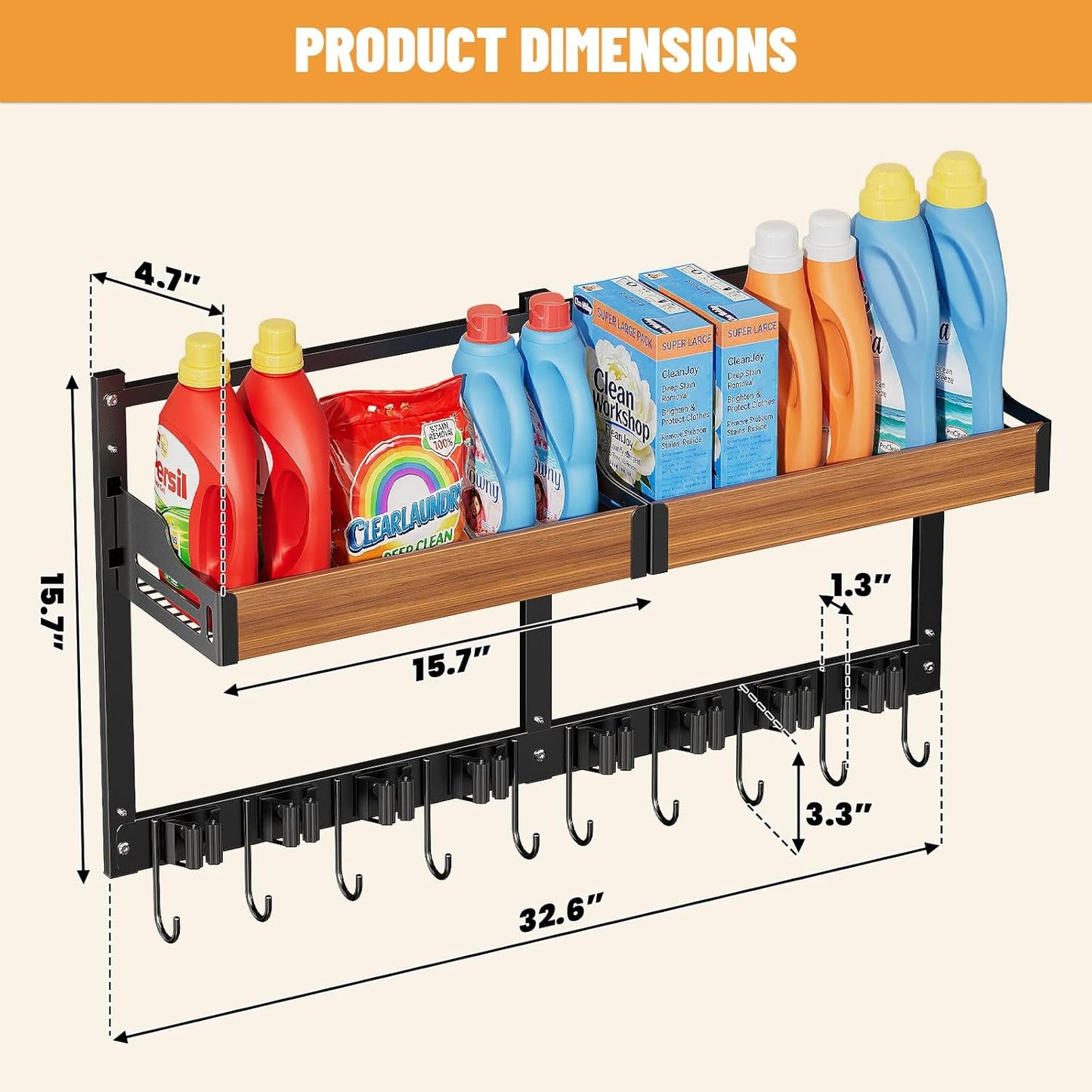 Broom and Mop Organizer Wall Hanging, Broom Holder Wall Mount with Cleaning Supplies Organizer, Broom Hanger Wall Mount with Storage Shelf and Hooks for Laundry Room Garage Kitchen