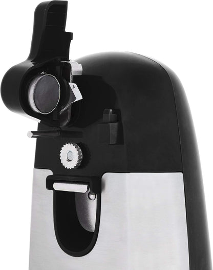 Amazon Basics 3-In-1 Electric Can Opener, Bottle Opener and Knife Sharpener with Stainless Steel Blade, Magnetic Lid Holder, Safe, Easy to Use, Powerful, Sleek Design, 50W, Black