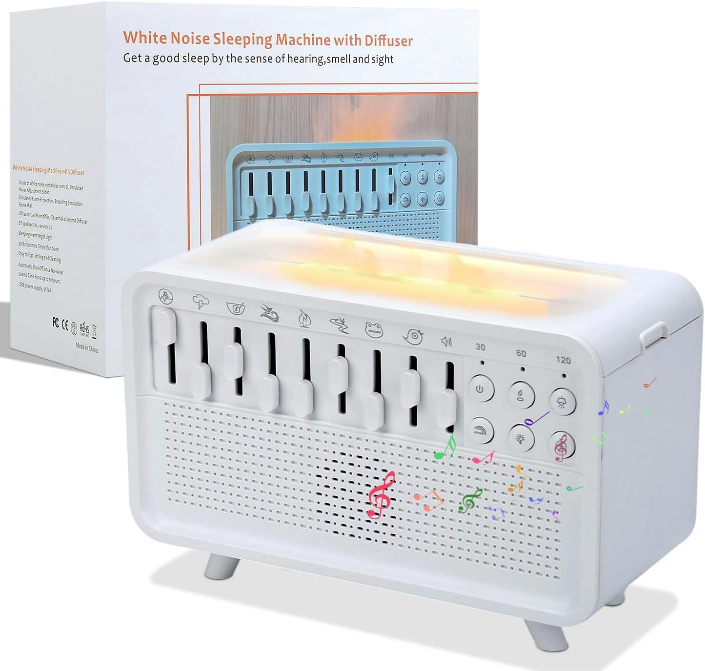 White Noise Night Light Humidifier, 3-in-1 White Noise Sound Machine Humidifier with 8 Ambient Sounds, Diffuser Sound Box Powered by USB, Sleep Sound Machine for Home Office, Timer | 8 ambient sounds, 3 brightness levels, 30/60/120 minute timer, USB