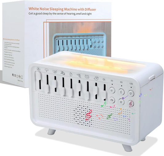 White Noise Night Light Humidifier, 3-in-1 White Noise Sound Machine Humidifier with 8 Ambient Sounds, Diffuser Sound Box Powered by USB, Sleep Sound Machine for Home Office, Timer | 8 ambient sounds, 3 brightness levels, 30/60/120 minute timer, USB
