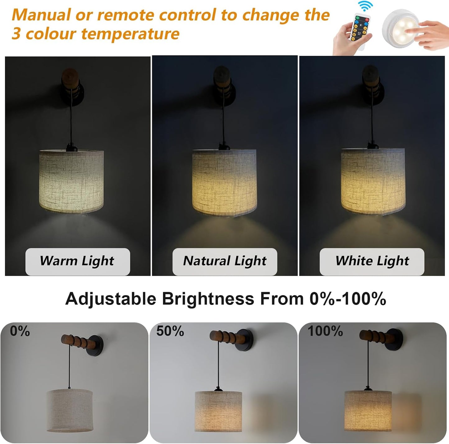 XSDeTu Battery Operated Wall Sconce with Remote, Rechargeable Battery Powered Wall Light, 3 Colors Dimmable Wall Mounted Lights, Adjustable Lamp for Bedroom Bedside, Wooden Arm, Fabric Shade, 2 Pcs