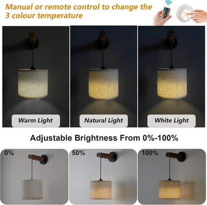 XSDeTu Battery Operated Wall Sconce with Remote, Rechargeable Battery Powered Wall Light, 3 Colors Dimmable Wall Mounted Lights, Adjustable Lamp for Bedroom Bedside, Wooden Arm, Fabric Shade, 2 Pcs