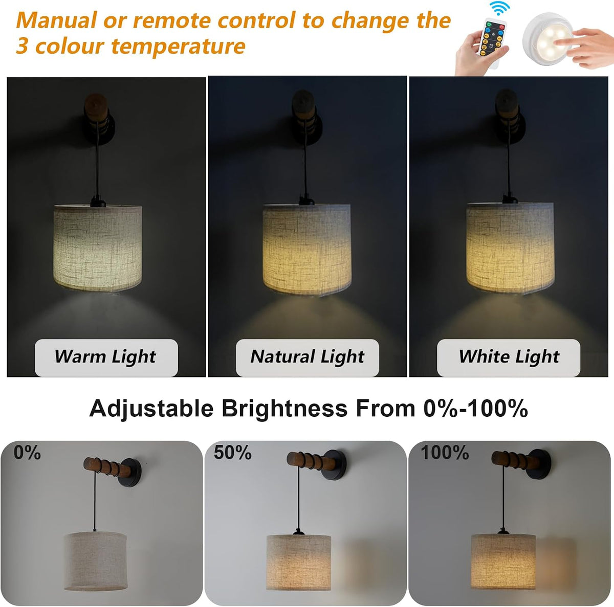 XSDeTu Battery Operated Wall Sconce with Remote, Rechargeable Battery Powered Wall Light, 3 Colors Dimmable Wall Mounted Lights, Adjustable Lamp for Bedroom Bedside, Wooden Arm, Fabric Shade, 2 Pcs