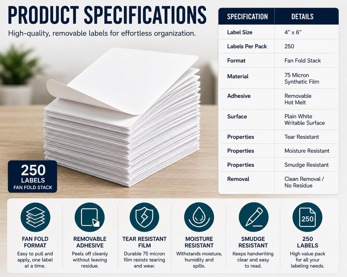 Veritack™ 250, 4" x 6" Large Removable Labels – Writable Sheet Stickers for Bins, Containers & Food Storage – Moisture Resistant – Freezer & Refrigerator Safe – Clean Removal (250 Individual Sheets)