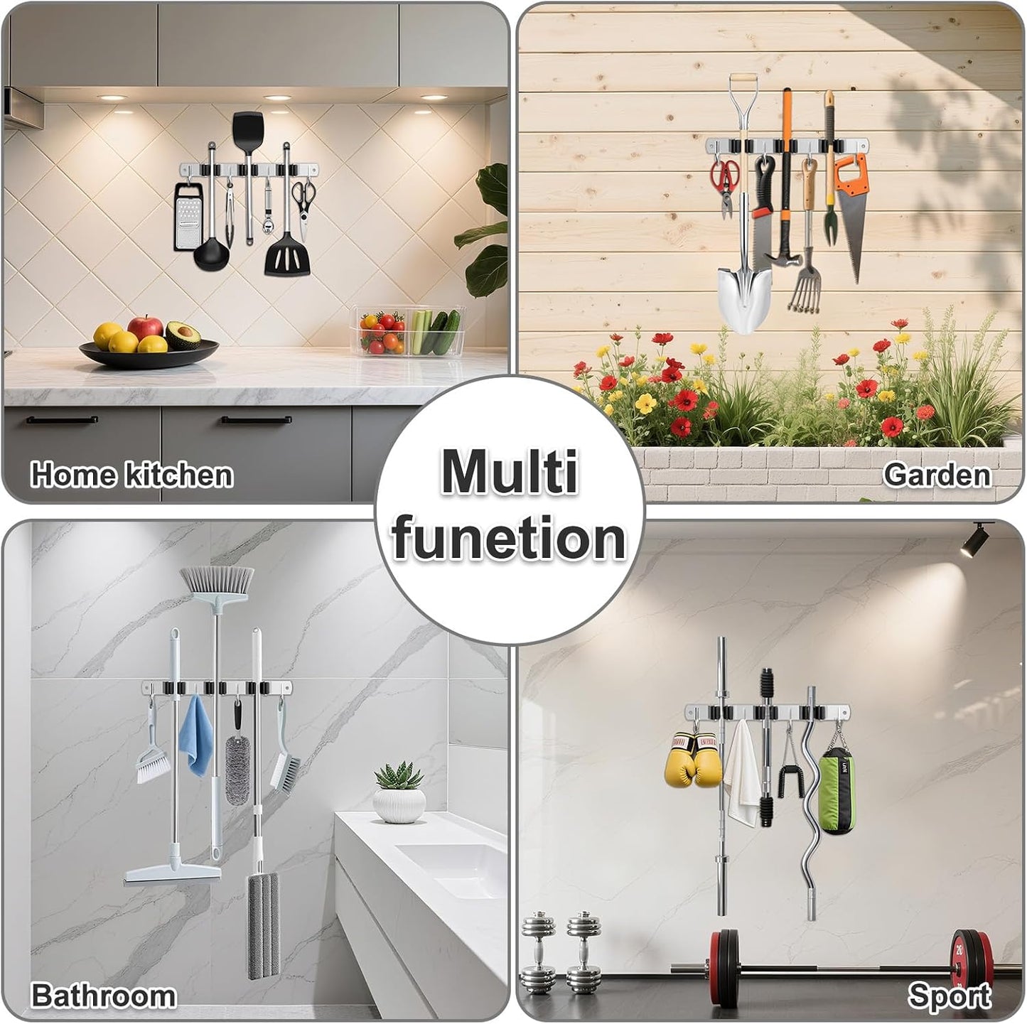 HANZENMA Broom Holder Wall Mount, Broom Organizer Wall Mount Stainless Steel Broom and Mop Hanger Heavy Duty Storage Organization for Home Kitchen Garden Garage Room 5 Racks 4 Hooks