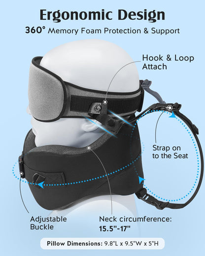 YFONG Travel Pillow with Head Support & Sleep Mask for Long Flights, Black
