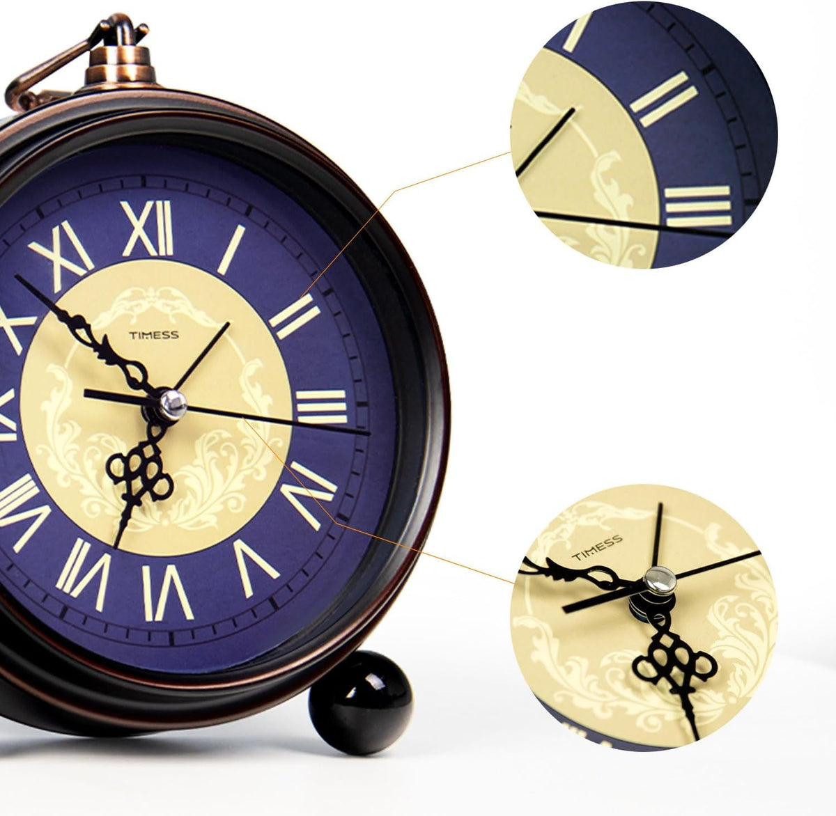 TIMESS 4.3-Inch Vintage Analog Alarm Clock, Silent Non-Ticking, Brown