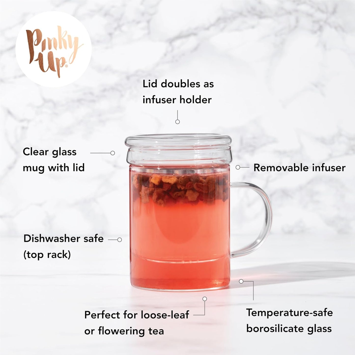 Pinky Up Blake Tea Infuser Mug with Lid, Glass Cups for Loose Leaf or Flowering Teas, Travel Mugs, Home Office, Picnic, Camping, 12 oz Set of 1, Clear