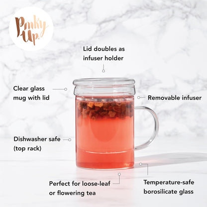 Pinky Up Blake Tea Infuser Mug with Lid, Glass Cups for Loose Leaf or Flowering Teas, Travel Mugs, Home Office, Picnic, Camping, 12 oz Set of 1, Clear