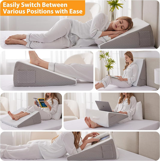Ruqmuis Wedge Pillow for Acid Reflux, Bed Wedge Pillow for Headboard 10", Pillow Wedge for Back Pain Relief, Post Surgery, Elevated Pillows for Sleeping, Snoring, Triangle Pillow with Cover, White