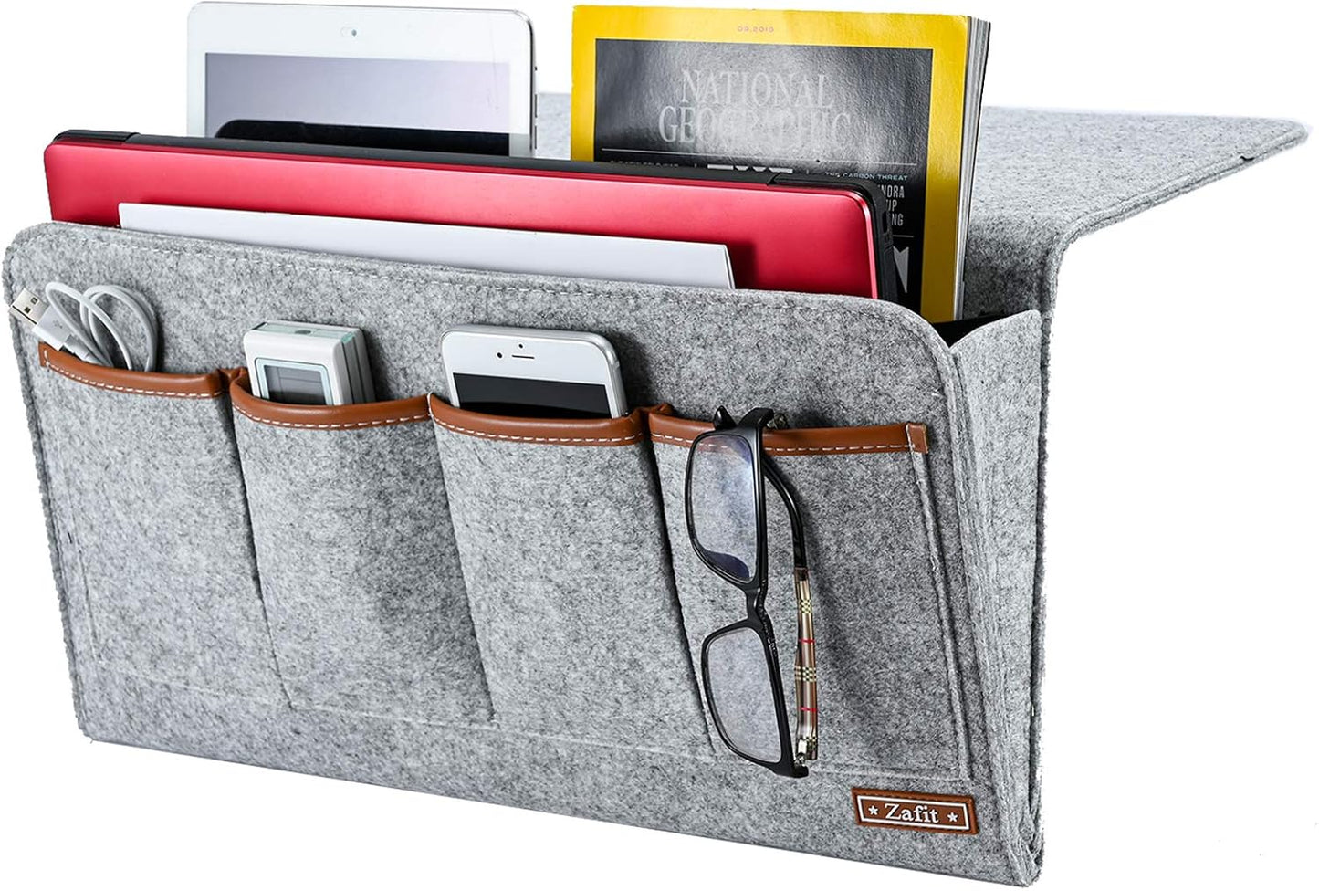 Zafit Bedside Caddy, Large Size Bedside Storage Organizer Bedside Organizer Caddy for Magazine Remotes Phone (13.4'' x 18.1'' Plus Size, Dark Grey)