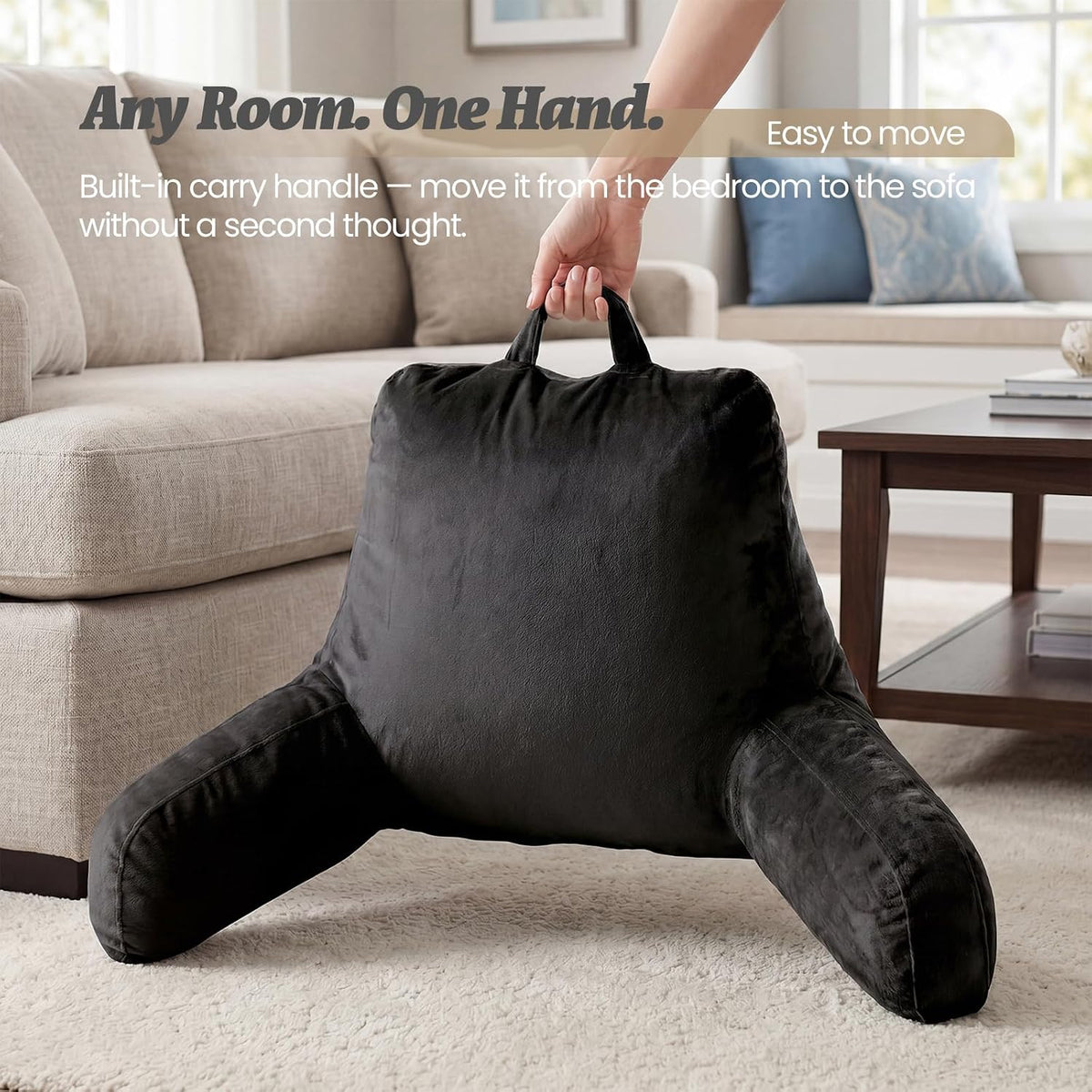 ACH Reading Pillow with Arms for Adults - Adjustable Memory Foam Bed Rest Pillow, Lumbar & Neck Back Support, Soft Velvet Cover Machine Washable, Deep Side Pocket & Carry Handle, Grey